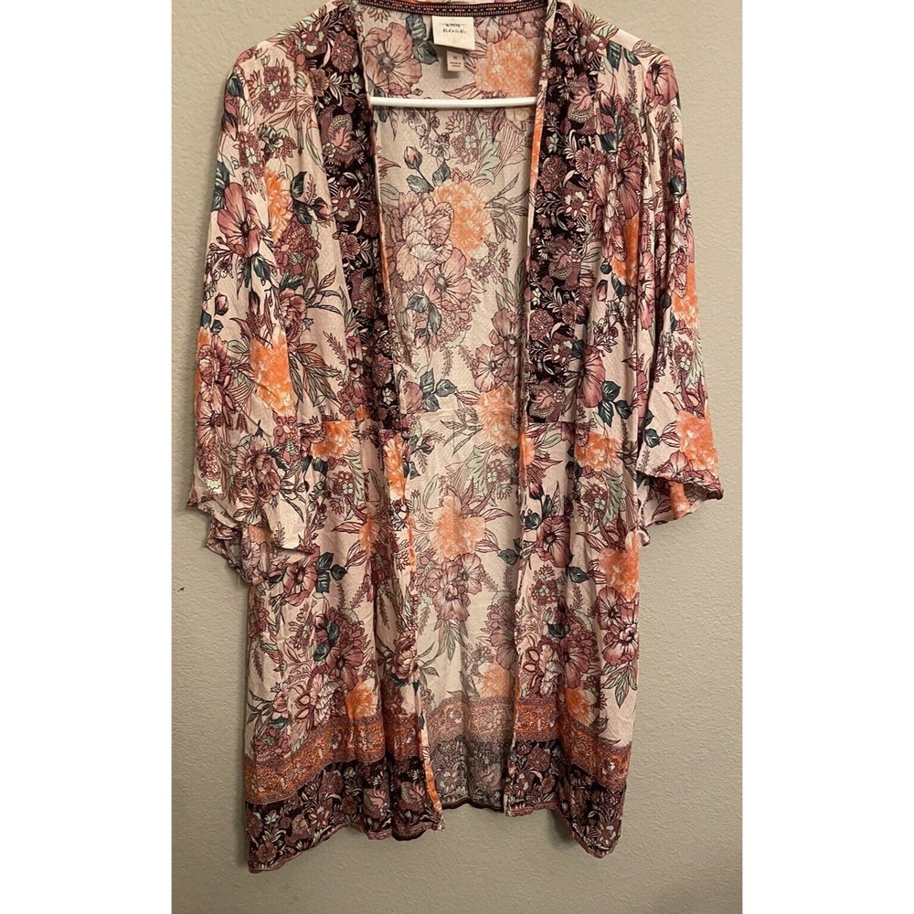 Knox Rose Kimono Duster Size M Cardigan Open Floral Crinkle Rayon Boho Topper